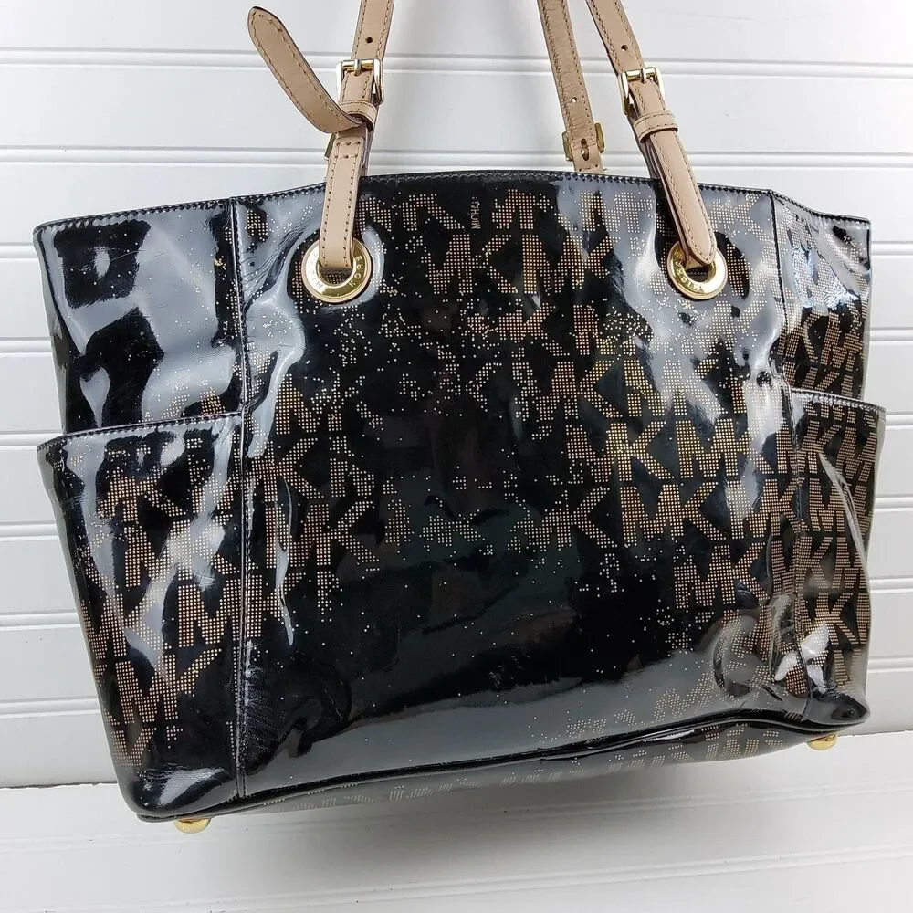 Michael Kors MK Patent Signature Tote Shoulder Handbag Purse DAMAGED